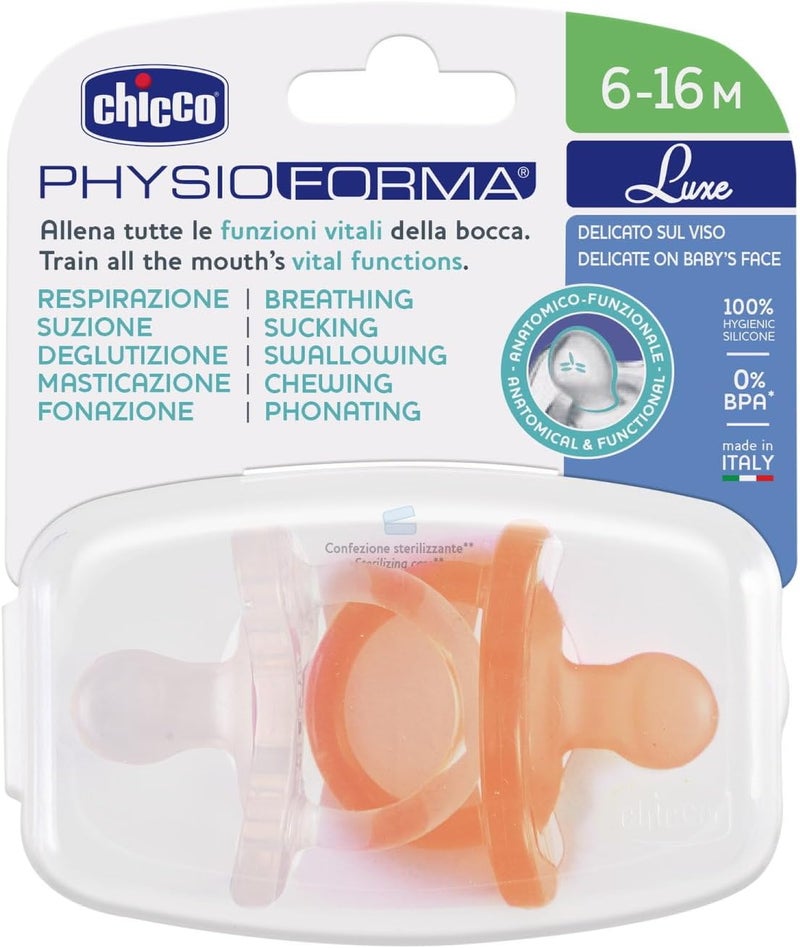 Chicco PhysioForma Luxe Soft Silicone Soother 6-16m (2 pcs), Orange/Transparent - Image 3